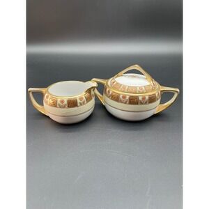 Vintage Nippon Hand Painted Sugar Bowl and Creamer Set Gold Trim Rose Design